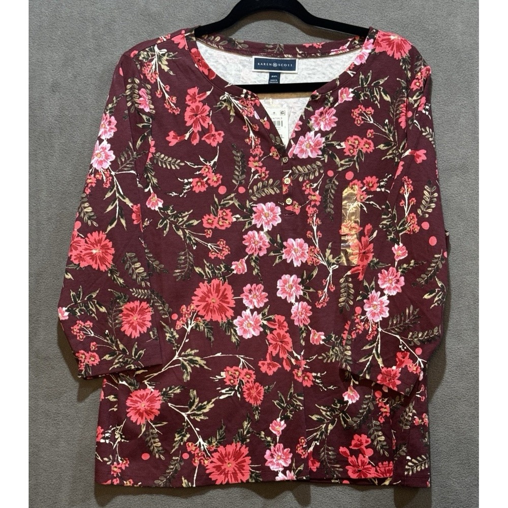 Karen Scott Malbec Floral Henley Top Petite‎ XL 3/4 Sleeve 100152881PT NEW